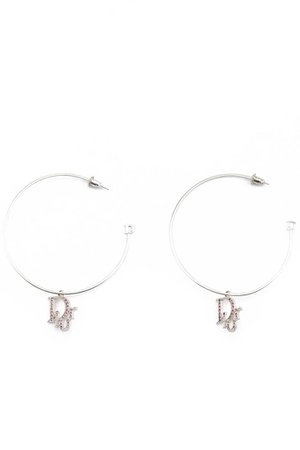 Dior Silver and Pink Crystal Logo Hoop Earrings