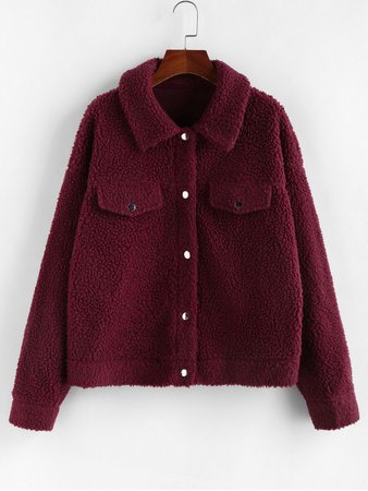 [33% OFF] [POPULAR] 2019 ZAFUL Drop Shoulder Button Up Teddy Coat In RED WINE | ZAFUL burgundy