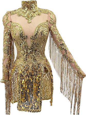 Amazon.com: Sparkly Gold Sliver Fringe Mesh Transparent Sequin Dress Women Birthday Celebrate Bar Latin Ds Drag Queen Costumes Stage (Gold) One Size: Clothing, Shoes & Jewelry