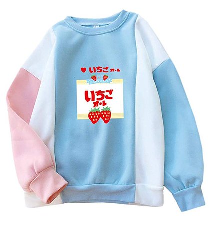 Fashionoly Strawberry Milk Kawaii Sweet Cute Girl's Block Hoodies Loose Fleece Blue Sweatshirts at Amazon Women’s Clothing store: