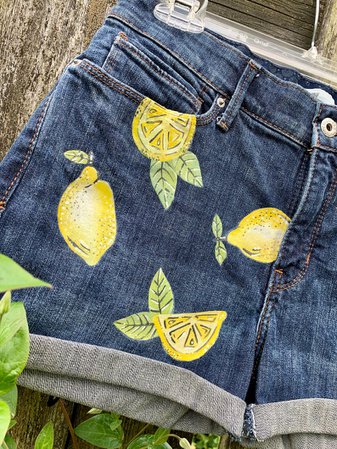 Lemon Pattern Jean Shorts-Hand Painted Denim Shorts-Painted | Etsy