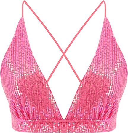Erinaco Women's Sparkly Sequin Crop Top V-Neck Low-Cut Tube Top Backless Tank Tops Spaghetti Strap Camisole Bright Pink at Amazon Women’s Clothing store