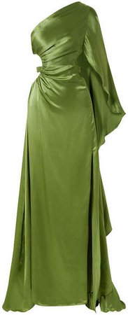 Cosette One-shoulder Cutout Silk-satin Gown - Leaf green