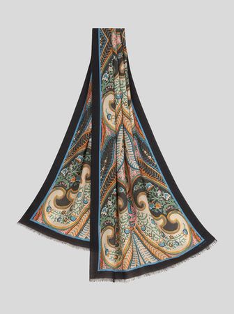 Printed silk and cashmere scarf | Women | Black | ETRO