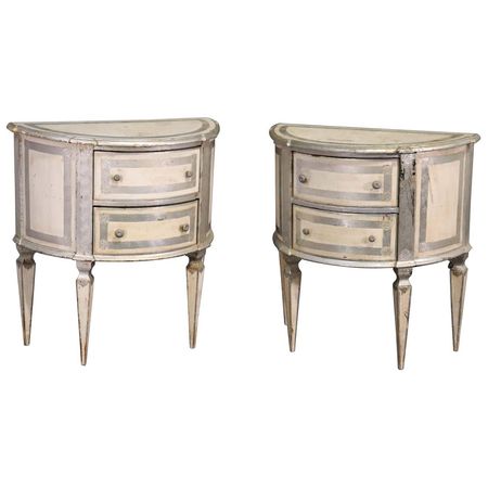 Italian Florentine Demilune Nightstands Commodes in Silver Leaf and White, Pair at 1stDibs