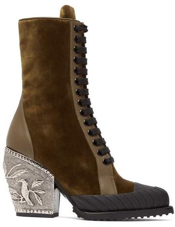 Rylee Embellished Heel Velvet Ankle Boots - Womens - Khaki