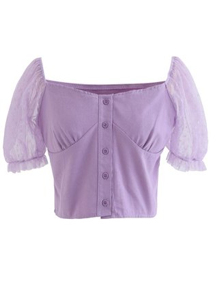 Lace Sleeves Spliced Button Down Crop Top in Purple - Retro, Indie and Unique Fashion