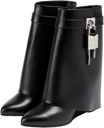 Amazon.com | CORNMOOD Women Fold Over Wide Mid-calf Boots Platform Wedge Heel Round Toe Faux Leather Pull On Shark Boots with Padlock | Shoes