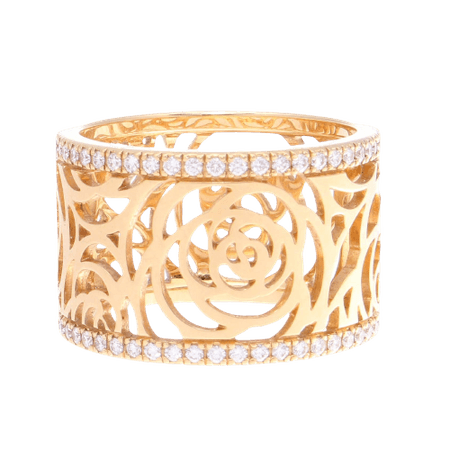 Chanel Camellia Ajoure Wide Diamond Gold Band Ring