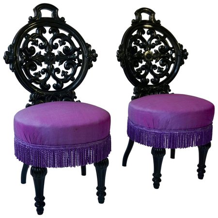 Two Black Mid-Victorian Rococo Revival Side Chairs with Upholstery For Sale at 1stdibs