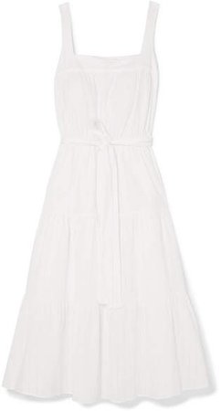 Belted Pleated Pointelle-trimmed Cotton Midi Dress - White