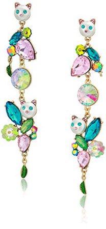Betsey Johnson Colorful Stone and Cat Cluster Linear Drop Earrings, Multi, One Size: Clothing