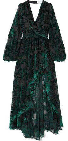 Olivia Open-back Flocked Chiffon Gown - Emerald