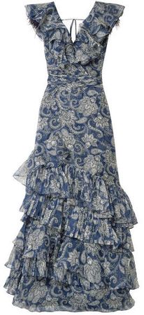 The Sea Nymph Ruffled Printed Silk-organza Maxi Dress - Blue