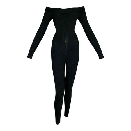 1990's Azzedine Alaia Black Knit Bodycon Off Shoulder Catsuit Jumpsuit For Sale at 1stdibs