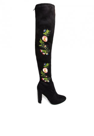 Thigh High Embroidered Black Boots