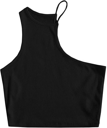 Verdusa Women's Asymmetrical Neck Sleeveless Crop Top Rib Knit Solid Tank Dusty Blue L at Amazon Women’s Clothing store