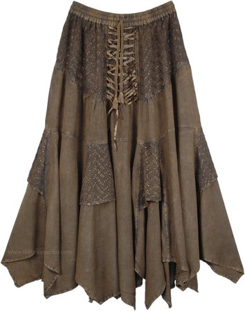 Tobacco Dark Green Middle Age Uneven Hem Skirt | Bronze | Stonewash, Misses, Handkerchief, Solid, Western, Renaissance, Halloween,Western-Skirts