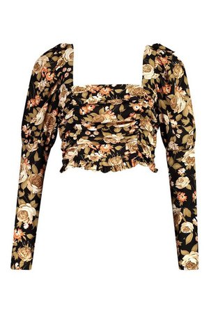 Satin Floral Ruched Long Sleeve Crop Top | Boohoo
