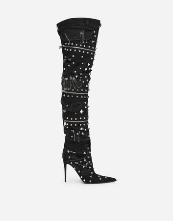 Patchwork denim thigh-high boots with studs in Black for Women | Dolce&Gabbana®