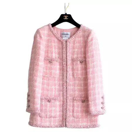 Chanel F/W 2014 Supermarket Barbie Pink White Plaid 14A Fantasy Tweed Jacket For Sale at 1stDibs