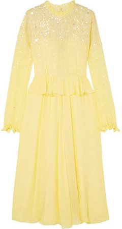 Gala Ruffled Sequin-embellished Chiffon Midi Dress - Pastel yellow