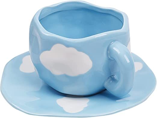 Koythin Ceramic Coffee Mug with Saucer Set, Cute Creative Cup Unique Irregular Design for Office and Home, Dishwasher and Microwave Safe, 10oz/300ml for Latte Tea Milk (Blue Sky and White Clouds): Cup & Saucer Sets
