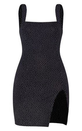 Black Polka Dot Square Neck Split Front Shift Dress | PrettyLittleThing USA