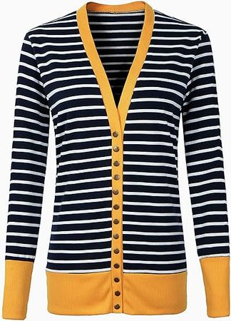 Faatoop Women's Button Down Knitwear Casual Long Sleeve V-Neck Open Front Striped Cardigan Sweater at Amazon Women’s Clothing store