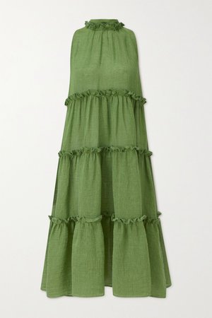 Green Erica ruffled tiered organic linen-blend gauze midi dress | Lisa Marie Fernandez | NET-A-PORTER