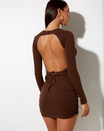 Brown Long Sleeve Backless Side Ruche Bodycon Mini Dress | Andrieta – motelrocks.com
