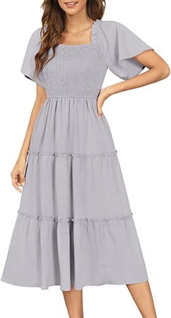Zattcas Tiered Midi Dress Square Neck Ruffle Flutter Sleeve Smocked Dress Women Grey M at Amazon Women’s Clothing store