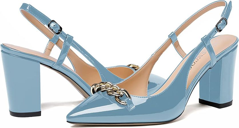 Amazon.com | MODENCOCO Women's Buckle Pointed Toe Slingback Patent Metal Chain Night Club Slingback Sexy Patent Block High Heel Pumps Shoes 3.3 Inch | Pumps