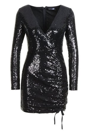 Sequin Long Sleeve Ruched Bodycon Dress | Boohoo