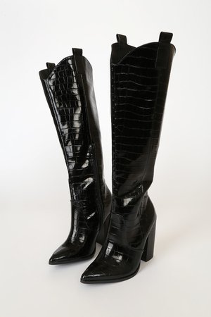 Dolce Vita Vanya - Black Exotic Boots - Crocodile Knee High Boots - Lulus