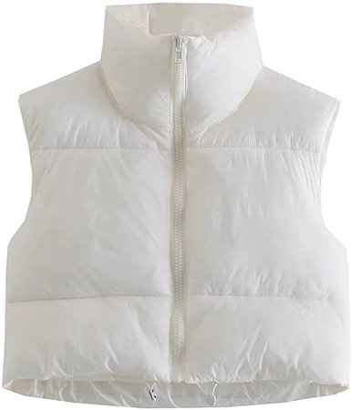 Women's Cotton Padded Crop Vest Zip Up Stand Collar Sleeveless Puffer Vest Padded Gilet Warm Outerwear Streetwear (White , M ) at Amazon Women's Coats Shop
