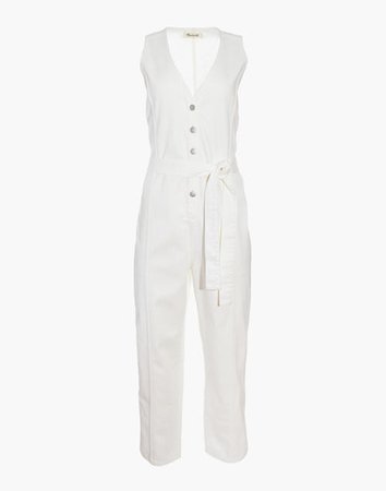 Denim Sleeveless Tie-Waist Jumpsuit in Tile White