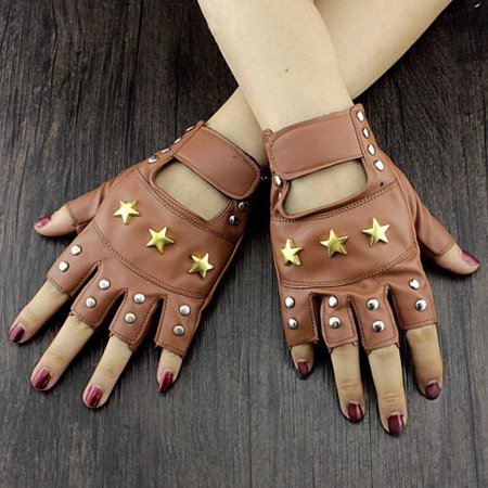 Brown Star Studded Punk Rock Biker Womens Fingerless Leather Gloves #3035 | eBay