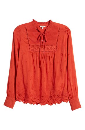 Lucky Brand Cora Pintuck Embroidered Eyelet Peasant Blouse red