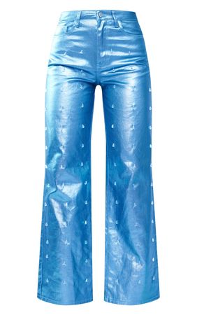 Blue Embellished Metallic Wide Leg Jeans | PrettyLittleThing USA
