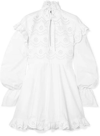 Ruffled Laser-cut Cotton-poplin Mini Dress - White