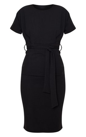 Black Short Sleeve Tie Waist Midi Dress | PrettyLittleThing USA