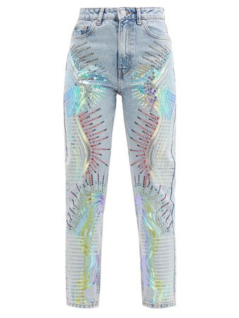 GERMANIER Upcycled Swarovski-crystal abstract-print jeans