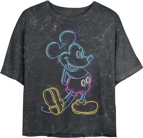 Disney Characters Neon Mickey Women's Mineral Wash Short Sleeve Crop Tee, Black, X-Large at Amazon Women’s Clothing store