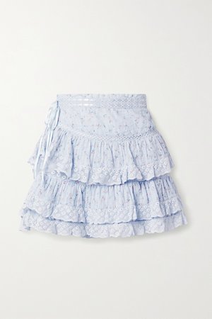 Light blue Bara lace-trimmed tiered floral-print cotton-voile mini skirt | LoveShackFancy | NET-A-PORTER