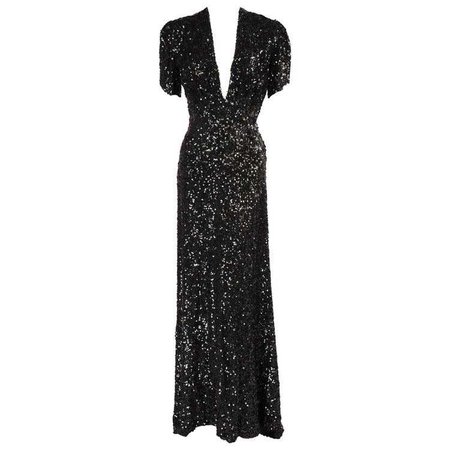 1930's Sparkling Black Sequin Evening Gown with Train
