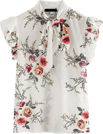 Romwe Women's Floral Print Short Sleeve Ruffle Bow Tie Blouse Top Shirts White M at Amazon Women’s Clothing store