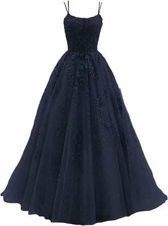 Women's Lace Appliques A-Line Prom Dresses Long Spaghetti Straps Tulle Formal Party Evening Gowns at Amazon Women’s Clothing store
