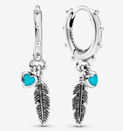 Pandora Turquoise Hearts & Feather Hoop Earrings