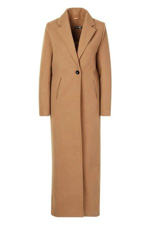 Tall Full Length Wool Look Coat | Boohoo tan